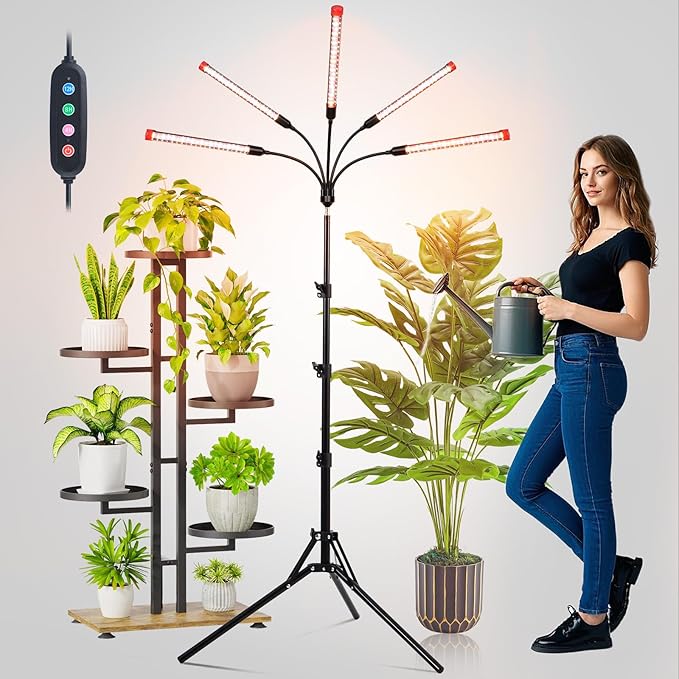 FECiDA Gamechanger! 45 Watt Power Draw NO Need Adapter 5Head Grow Light with Tripod Stand 2026 Big Coverage LED Grow Lights for Indoor Tall Plants Bonsai Tree 4/8/12/16/20H Timer