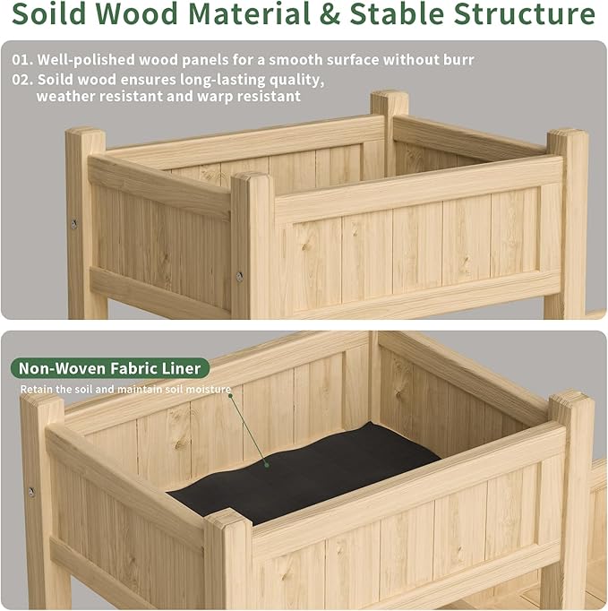 Wooden Raised Garden Bed with Legs &amp Storage Shelf 3 Tier Outdoor Elevated Planter Box for Patios/Herbs/Flowers/Vegetables Easy Assembly Natural