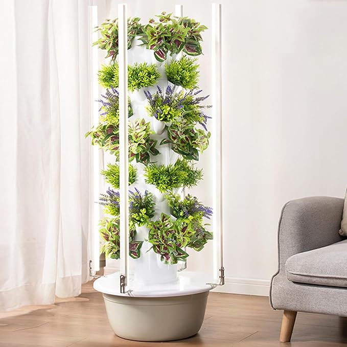 Hydroponics Growing Tower - Indoor Smart Garden with LED Light &amp Automatic Water Circulation for Leafy Greens and Herbs - Home Gardening Solution