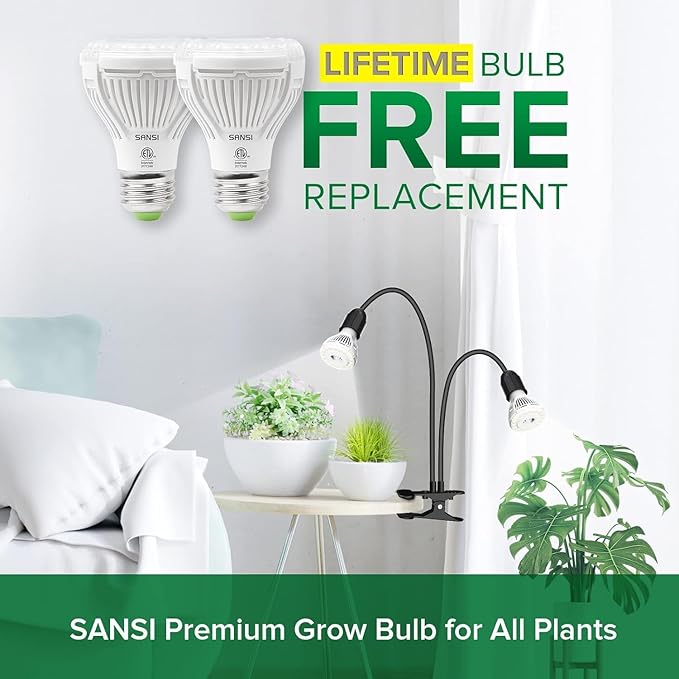 SANSI LED Grow Lights for Indoor Plants Lifetime Free Bulb Replacement 300W Full Spectrum Dual Gooseneck Clip Plant Grow Light with Optical Lens for High PPFD Growing Power LampNo Timer