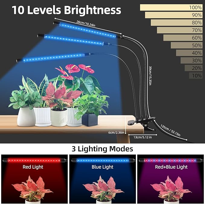 LED Grow Light with Full Spectrum Clip Plant Growth Lamp with Red and Blue LEDs for Indoor Plants 10 Levels Dimmable 3/9/12H Timer 4 Heads