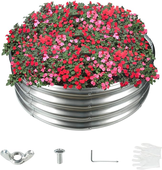 2.7FT Diameter Galvanized Garden Raised Bed/Plant Box/Fire Pit Ring-0.8mm Thick12 Inch TallCrimped Edge and CornerNo SharpePerfect for Plantings (Silver 32 Dia X 11.5 inches)