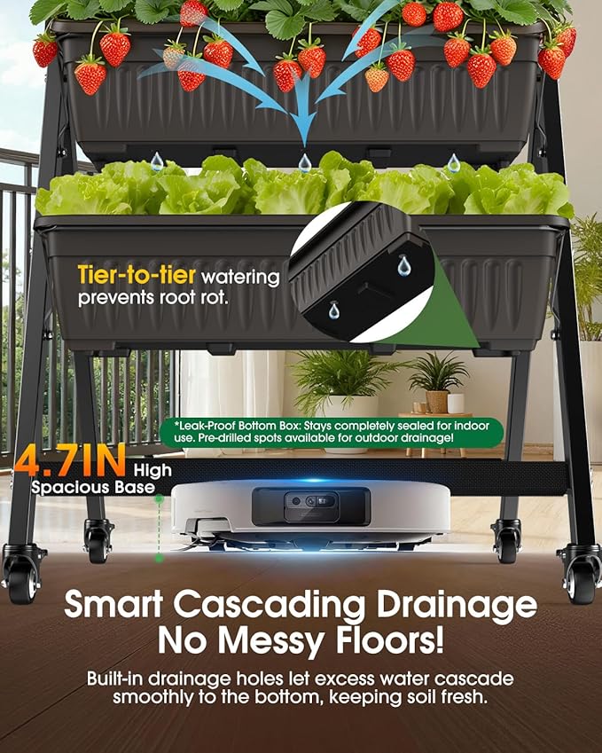 5-Tier Vertical Garden Bed Planter Boxes with Wheels Drainage System &amp Storage Space Mobile Vertical Garden Planter with 5 S-Hooks for Plants Vegetables Flowers Herbs in Garden Patio Yard