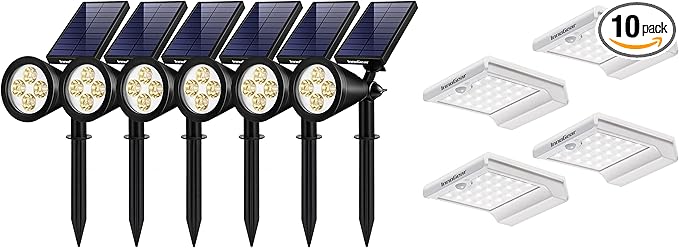 InnoGear 10 Pack of Solar Lights for Outside Waterproof Solar Outdoor Lights Solar Garden Lights for Yard Pathway Landscape Security Lighting Auto On/Off 6 Pcs Spotlight &amp 4 Pcs Gutter Light