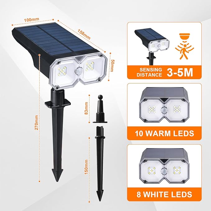 GRIFEMA 2 Pack Solar Spot Lights Outdoor Garden 5 Mode 18 LED Solar Powered Wall Lights IPX65 Waterproof for Garden Yard Driveway Porch Walkway GD251-2 Black