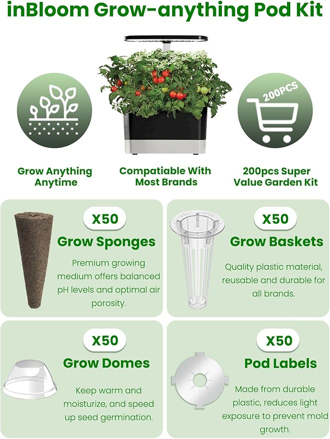 inbloom 12 Pods Hydroponics Growing System Transparent Black and 50 Grow Sponges 50 Baskets 50 Domes and 50 Labels