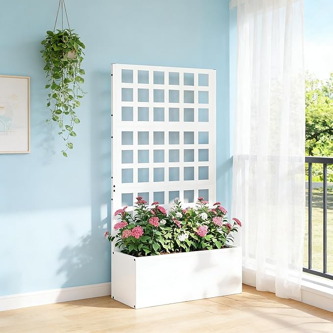 Galvanized Steel Raised Garden Bed with Trellis - Heavy-Duty Metal Planter Box for Vegetables &amp Climbing Plants Weather-Resistant Outdoor Vertical Garden Kit (White)