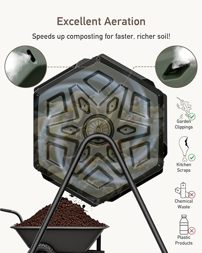 THEGROW'ING Updated 43 Gallon Compost Bin Outdoor Fast Assemble Tumbling Composter Dual Chamber Composter Tumbler Rotating Compost Bin for Outside Backyard Garden and Yard Green