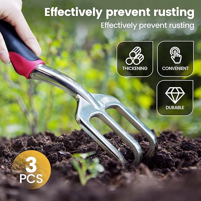 Qulable Tools Gardening Hand Tools 3 Piece Set - Heavy Duty Garden Trowel Transplanter Hand Rake - Comfort Grip Handle - Rust-Proof Design Cultivator Garden Hand Shovel