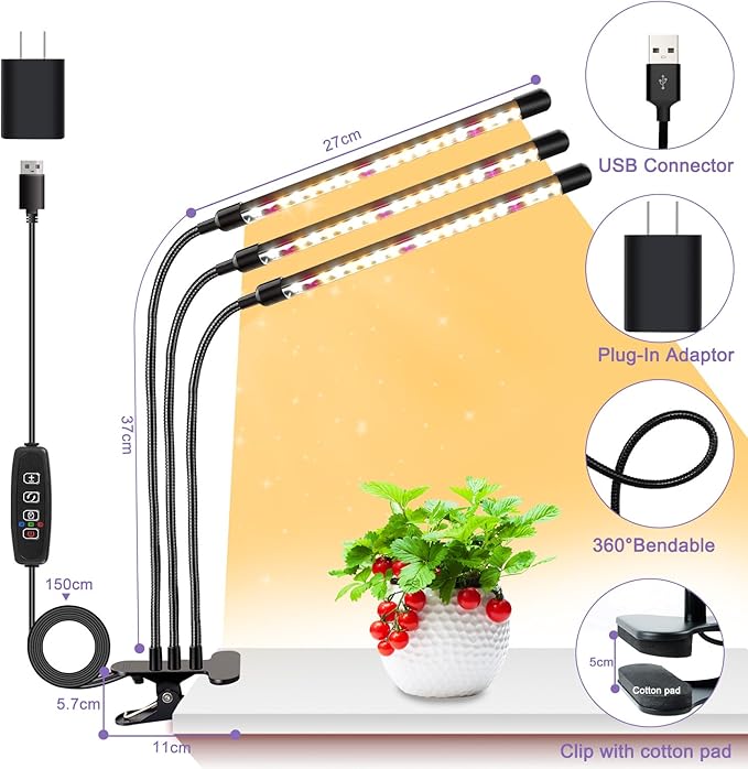 3head Plant Lights for Indoor Growing Grow Light for Indoor Plants Full Spectrum Growing Lamps with Clip Auto ON &amp Off Timer 3/9/12H 3 Switch Modes 10-Level Dimmable Brightness