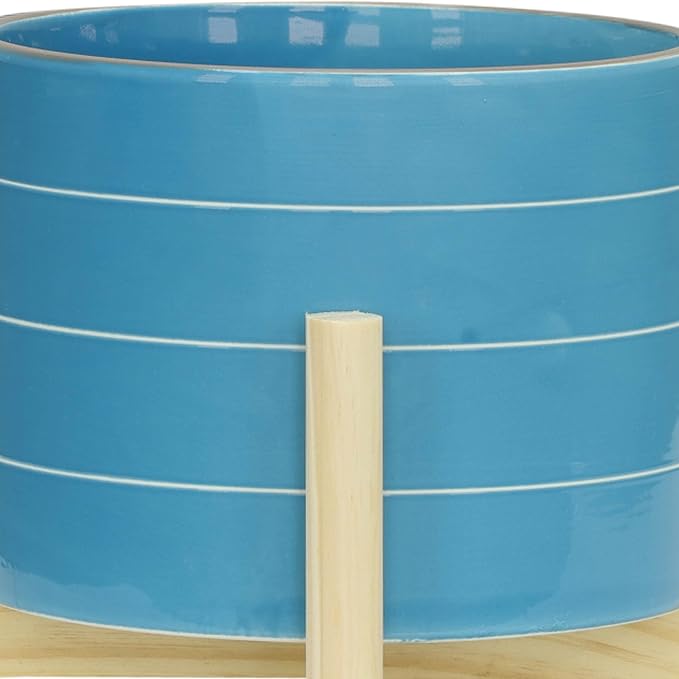 8 Striped Planter W Wood Stand SkyBlue