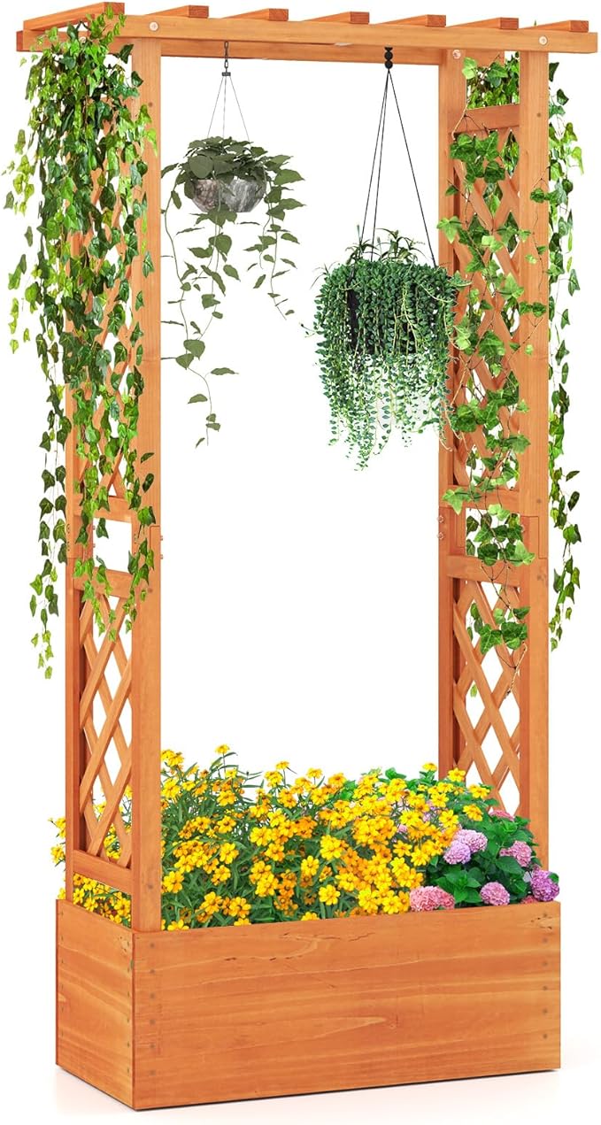 S AFSTAR Raised Garden Bed with Trellis Wood Planter Box with Hanging Roof &amp Drainage Holes for Climbing Plants Vines Flowers &amp Vegetables Indoor Outdoor Plant Container for Patio &amp Ya