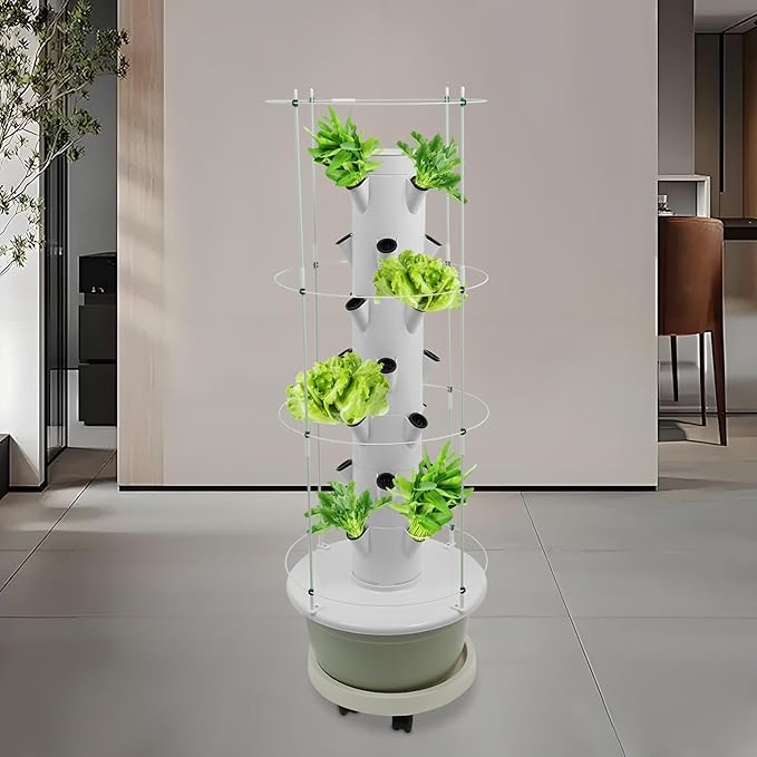 28-Plant Hydroponic Growing Tower 7-Tier Indoor Vertical Garden System with Climbing Trellis Hydroponic Tower Kit with Automatic Water Circulation Pump and Timer for Home Balcony &amp Office
