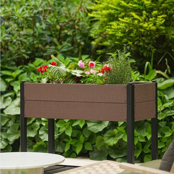 GAOMON Elevated HDPE Raised Garden Bed with Wood Grain Finish – Sturdy Black Aluminum Frame Storage Shelf &amp Weatherproof Design Perfect for Vegetables &amp Herbs Outdoors – Size: 109x49x85cm