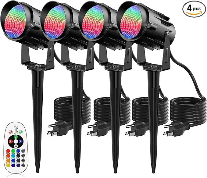 Spotlight Outdoor RGB Led Lights 12W Color Changing Outdoor Floodlight Fixture with Stake for Garden Yard Path 120V Waterproof Landscape Lighting Plug in with Remote (4 Pack)