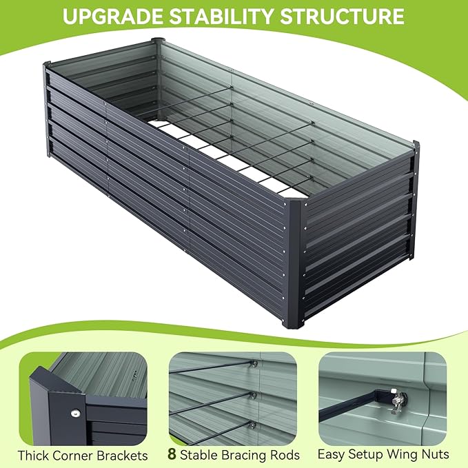 Ohuhu 8x3x1.9FT Metal Raised Garden Bed Outdoor Reinforced Galvanized Steel Rustproof Planter Box 100% Non-Toxic 341 Gal Large Capacity Heavy Duty Raised Beds for Growing Vegetables Flowers Herbs