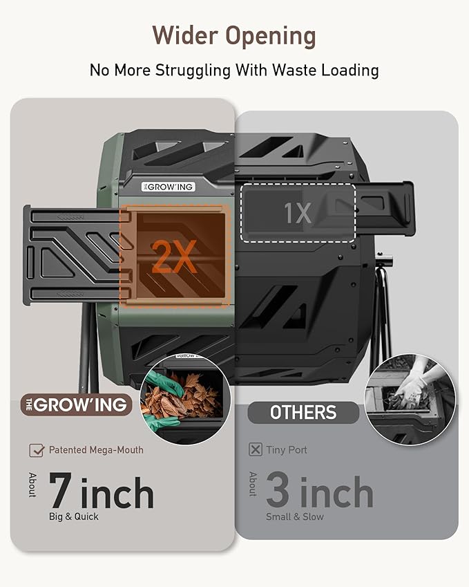 THEGROW'ING Updated 43 Gallon Compost Bin Outdoor Fast Assemble Tumbling Composter Dual Chamber Composter Tumbler Rotating Compost Bin for Outside Backyard Garden and Yard Green