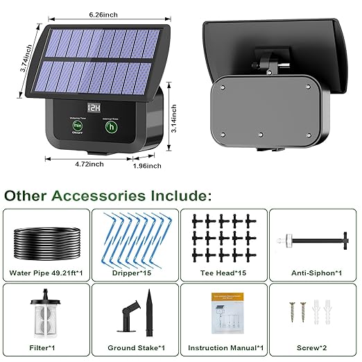 LCD Display Solar Drip Irrigation System Kit 30 Working Modes &amp 10 Watering Interval Solar Powered Drip Irrigation Kit Supports 15 Potted Plants 2200mAh Automatic Watering System for Garden