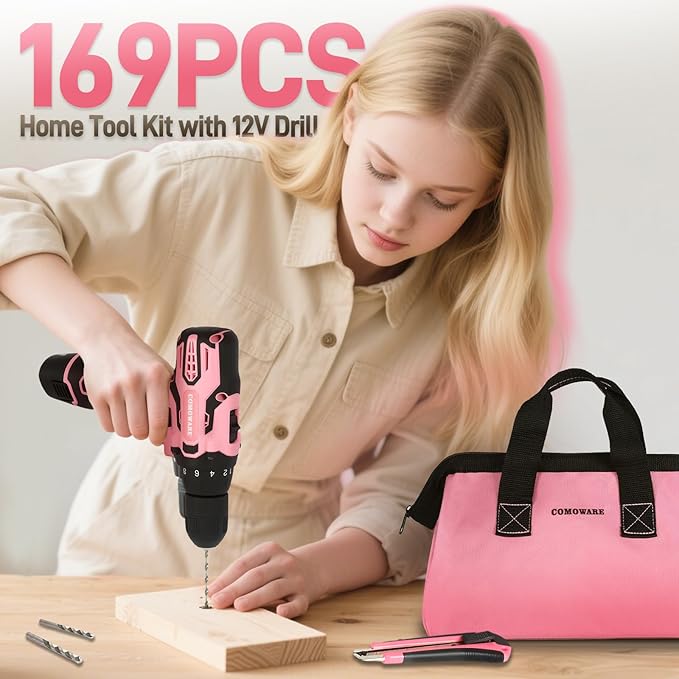 COMOWARE 12V Cordless Drill Set Pink Hand Tool Set with Cordless Drill Driver Complete Repair Tool Kit for Women Storage Bag Ideal for Office Garden Dorm and DIY Project