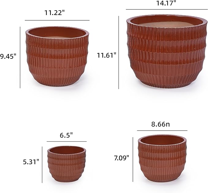 Handmade Solid Glaze Ceramic Planter Set of 4 791214 Inch Diameter Cotta with Horizontal Grooves for Herbs Succulents Outdoor Indoor Stairs Use Breathable Clay with Drainage Holes