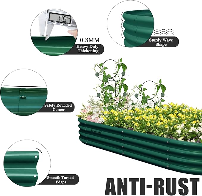 6 Pack 8x4x1FT Galvanized Raised Garden Bed Kit Oval Metal Ground Planter Box Outdoor Bottomless Planter Raised Beds for Vegetables Flowers Herbs Fruits Green