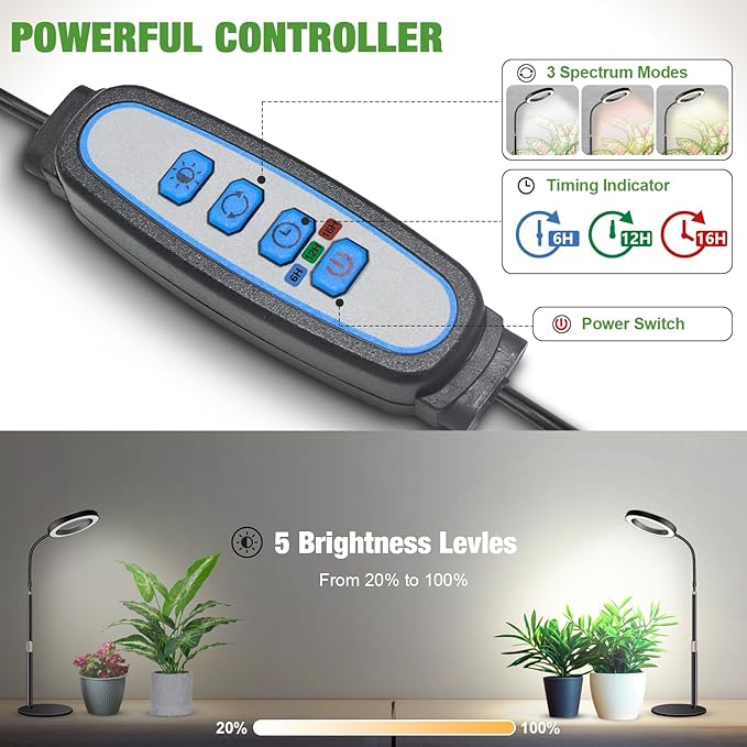 Garpsen Grow Lights for Indoor Plants 80 LEDs Full Spectrum Desk Plant Light with Timer for 6H/12H/16H 5 Dimmable Levels &amp Flexible Gooseneck 6000K Grow Lamp with Base Height Adjustable 16.5-25