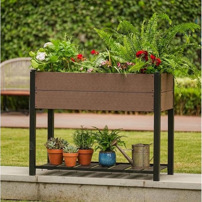 IDEALHOUSE 42.72x19.49x33.46 Raised Garden Bed HDPE Elevated Planter Box with Sturdy Aluminum Frame Wood Grain Outdoor Planter with Storage Shelf for Patio Balcony Lawn