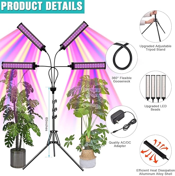 LED Grow Lights for Indoor Plants 432 LEDs Red Blue White Full Spectrum Plant Lights for Indoor Growing with 15-63 inches Adjustable Tripod Stand 4 Heads Grow Lamp with 4/8/12H Auto On/Off Timer