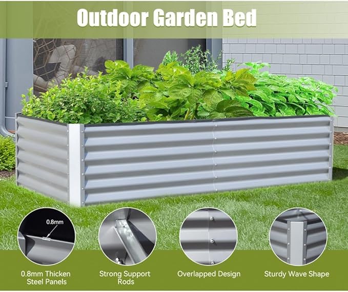 Heavy-Duty Galvanized Steel Raised Garden Bed for Outdoor Vegetable Fruit and Flower Planting – Rust-Resistant Metal Planter Box (6x3x1.5ft (Silver))