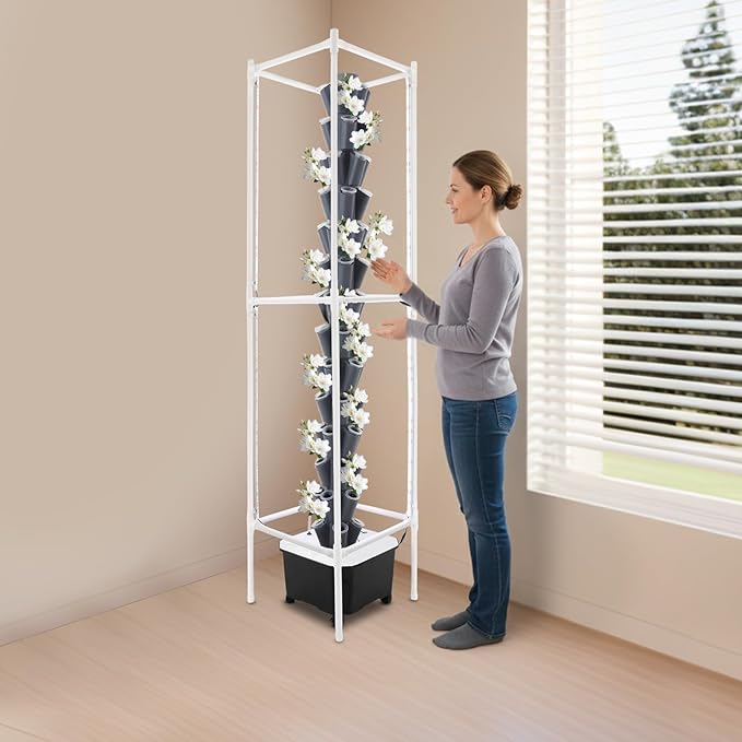 Hydroponics Tower | Vertical Planter Tower with 360° LED Grow Lights | 14 Layer 70 Plants Hydroponics Growing System Kit | Self-Watering Hydroponics System with Pump Adapter | 4 Wheels (Gray)