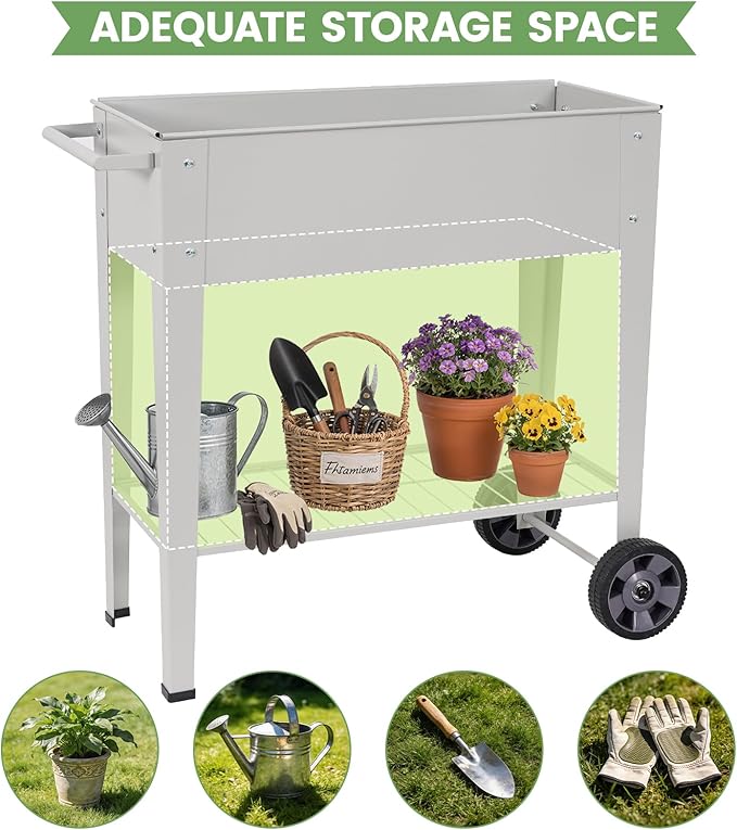 Tall Raised Garden Bed Outdoor with Wheels Metal Elevated Raised Planter Box with Drainage Holes for Vegetables Flower Herbs(Grey)