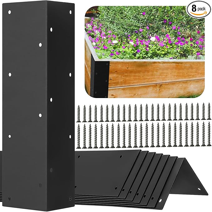 8 Raised Garden Bed Corner Brackets for 20 - 24 Garden Beds L-Shaped Reinforced Connectors (11x3x3) Black Metal with Long and Short Screws