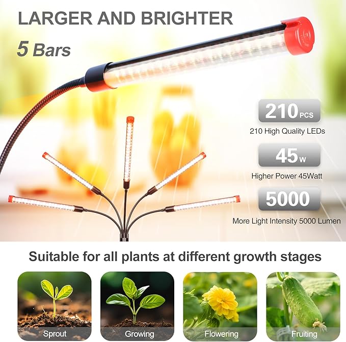 FECiDA Gamechanger! 45 Watt Power Draw NO Need Adapter 5Head Grow Light with Tripod Stand 2026 Big Coverage LED Grow Lights for Indoor Tall Plants Bonsai Tree 4/8/12/16/20H Timer