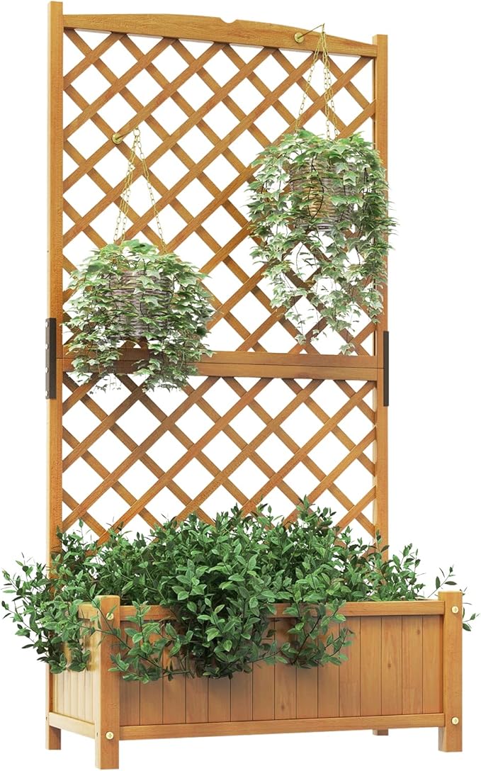 HAPPYGRILL Raised Garden Bed with Trellis 71 Planter Raised Bed with Drainage Holes Freestanding Garden Planter for Vine Climbing Plants Wooden Planter Box for Yard Balcony(1 Yellow)