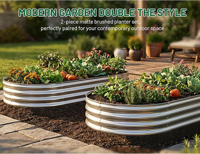 AHEONLAR 2 Pack 4x2x1ft Galvanized Raised Garden Bed Kit Oval Large Metal Planter Box Sturdy and Durable Garden Boxes Outdoor Raised for Vegetables Fruits Flowers and Herbs(Silver)