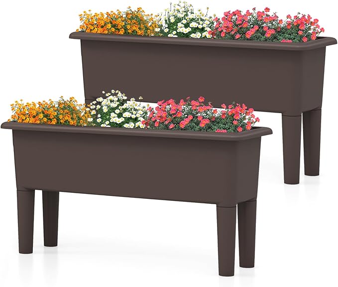 Giantex Raised Garden Beds Outdoor Set of 2 Self-Watering Planter Box with Detachable Legs &amp Drainage Hole Outdoor Raised Container for Vegetable Fruit Herbs 31.5”Lx12”Wx16”H Easy Assembly (Br