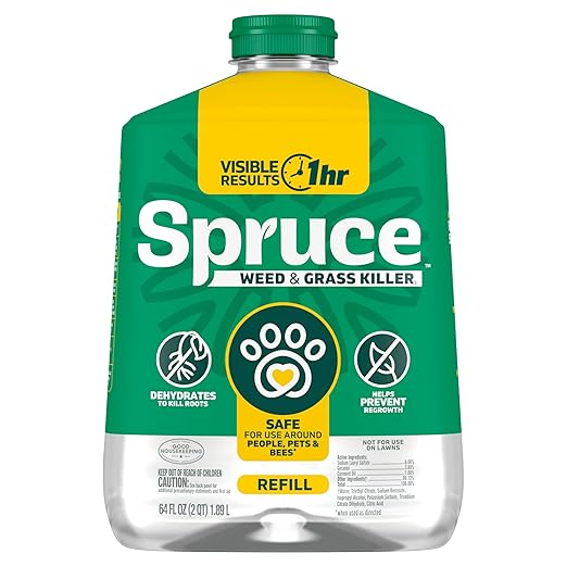 Spruce Weed Killer Refill - Versatile Weed &amp Grass Killer₂ for Flower Beds Driveways &amp Mulch Beds - No Pour No Mix No Mess Refill - Kills Dandelions Crabgrass &amp More (64 Oz)