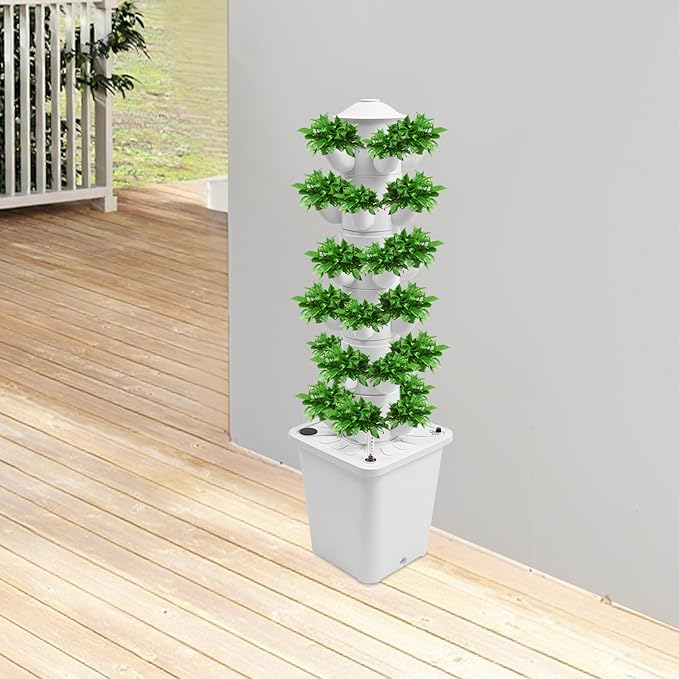 6-Tier Hydroponic Grow Tower Kit 30 Holes Planting Sites Indoor Garden System with Water Pump Self-Watering Vertical Gardening Kit for Lettuce Herbs Strawberries Vegetables Flowers 34H White