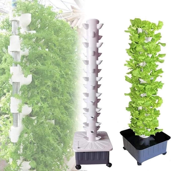 45Holes Hydroponic Grow Tower Vertical Hydroponics Indoor Self-Watering Growing kit Soilless Cultivation Grow Tower Aeroponics Growing Kit with Hydrating Pump