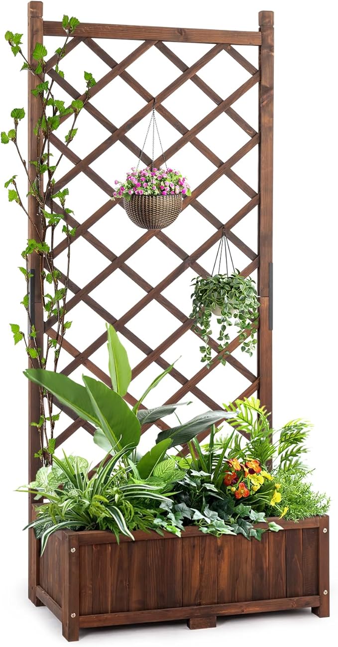 67 Tall Wood Planter with Lattice Trellis Vertical Garden Flower Stand for Patio &amp Porch Outdoor Raised Bed with Decorative Grid Backdrop for Climbing Plants Brown