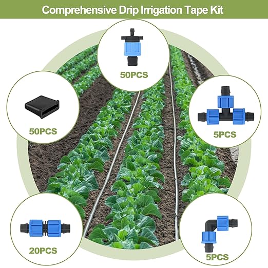 1640 ft 5/8 Drip Irrigation Tape Kit 15 mil Emitter Spacing 6 Flat Drip Tape with 140 PCS Drip Tape Connectors Automatic Irrigation Equipment for Garden Irrigation Emitter Flow:0.79 GPH
