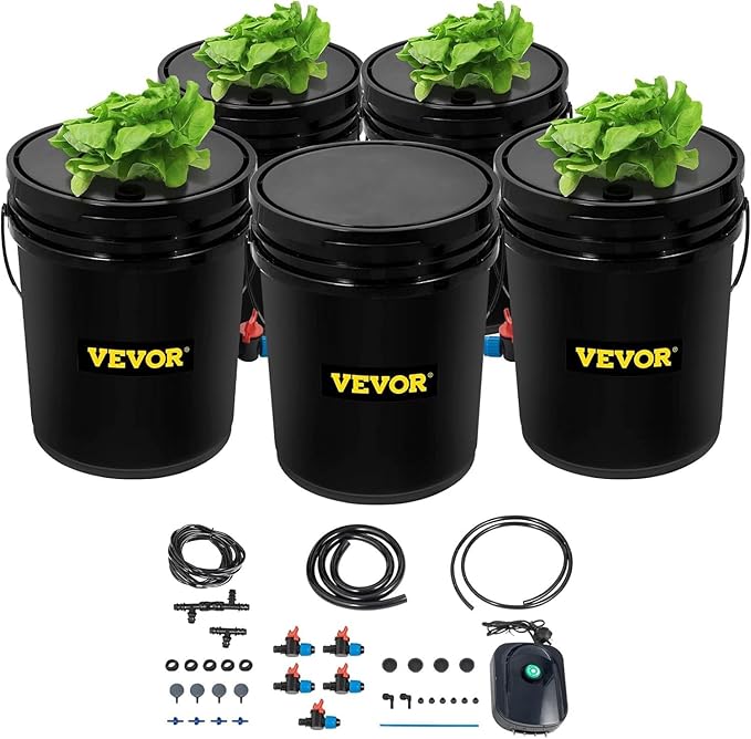 VEVOR DWC Hydroponic System 5 Gallon 5 Buckets Deep Water Culture Growing Bucket Hydroponics Grow Kit with Pump Air Stone and Connected Reservoir for Indoor/Outdoor Leafy Vegetables