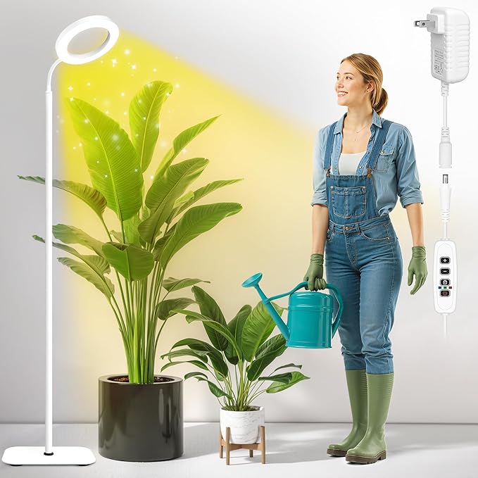 Grow Lights for Indoor PlantsFloor Lamp with 63IN StandFull Spectrum10 DimmingHalo Ring Warm Light 3/9/12H TimerHeight AdjustableMetal Stable Base Growing Light for Tall Small Plant