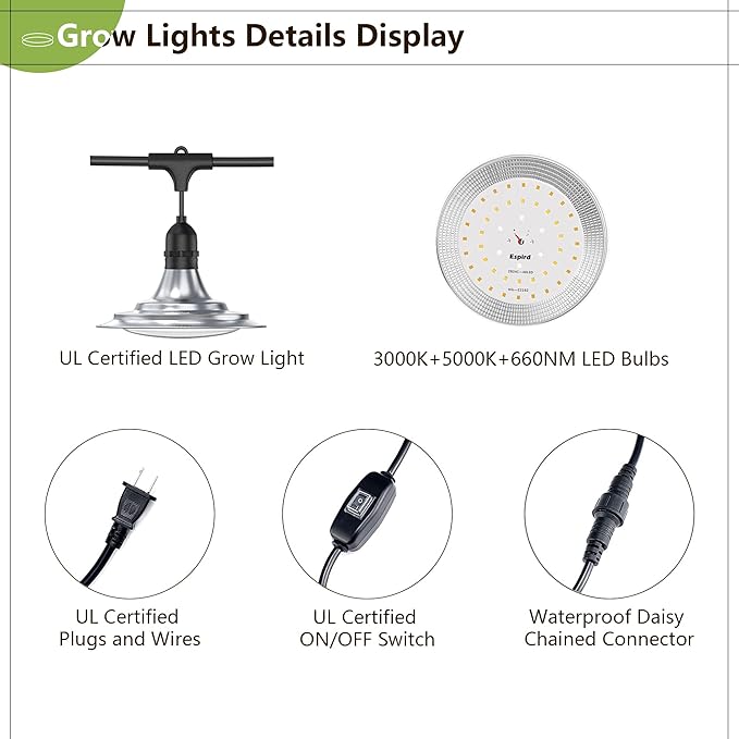 Espird Outdoor LED Grow Light 12-Light Full Spectrum Grow Light Strip Waterproof Plant Growing Lamps UL Certified String Grow Lights for Greenhouse Garden 41FT Outdoor Grow Light for Veg Seedling