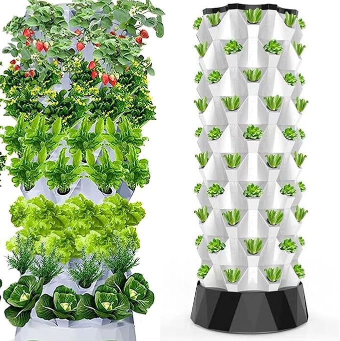48/64/80Holes Hydroponics TowerHydroponic Growing kit Hydroponic Vertical Tower Self-Watering Growing for Herbs Fruits and Vegetables with Water Pump Adapter Net Pots(6floors)