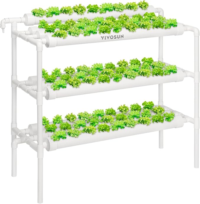 VIVOSUN Hydroponics Growing System 90 Plant Sites 3 Layers 10 Food-Grade PVC-U Pipes Hydroponic Gardening System Grow Kit with Water Pump Pump Timer Nest Basket and Sponge for Leafy Vegetables