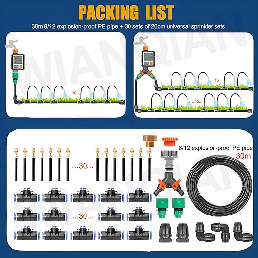 Automatic Drip Irrigation Kit Patio Misting Plant Irrigation Water Equipment Bendable Drip Garden Watering System Full Coverage Smart Timer 1Sec - 300 Min for Garden Watering 30m