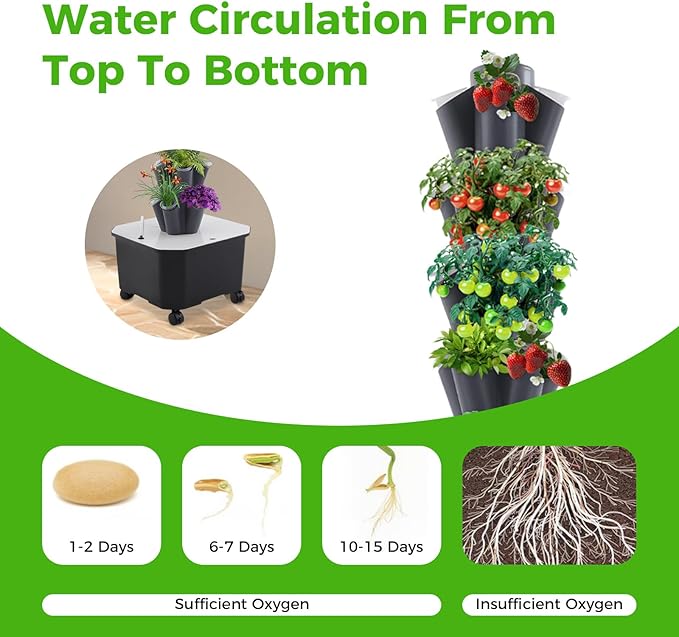 Hydroponic Grow Tower 12 Tiers 60 Holes 6.6Gal Indoor Vertical Garden System with Water Pump Automatic Water Circulation - Garden Hydroponic Growing Kit for Leafy Vegetables Herbs Strawberries