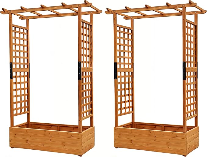 Raised Garden Bed with Wood Trellis Set of 2 Outdoor Planter Box for Tomatoes Climbing Vegetables Herbs Flowers Patio Pots Tall Hanging Roof 2 Drainage Holes Orange 42.5 L x 17.3 W x 66.1 H