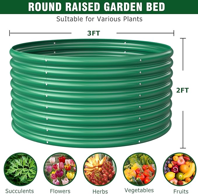 FRIZIONE 2-Pack 3FT(D) x2FT(H) Round Raised Garden Bed Outdoor Raised Garden Beds for Flower Raised Planter Box Outdoor for Herb Vegetable-Dark Green
